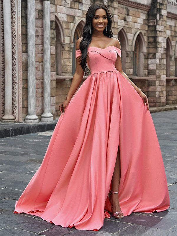 Robe longue en satin sans manches à volants et épaules dénudées